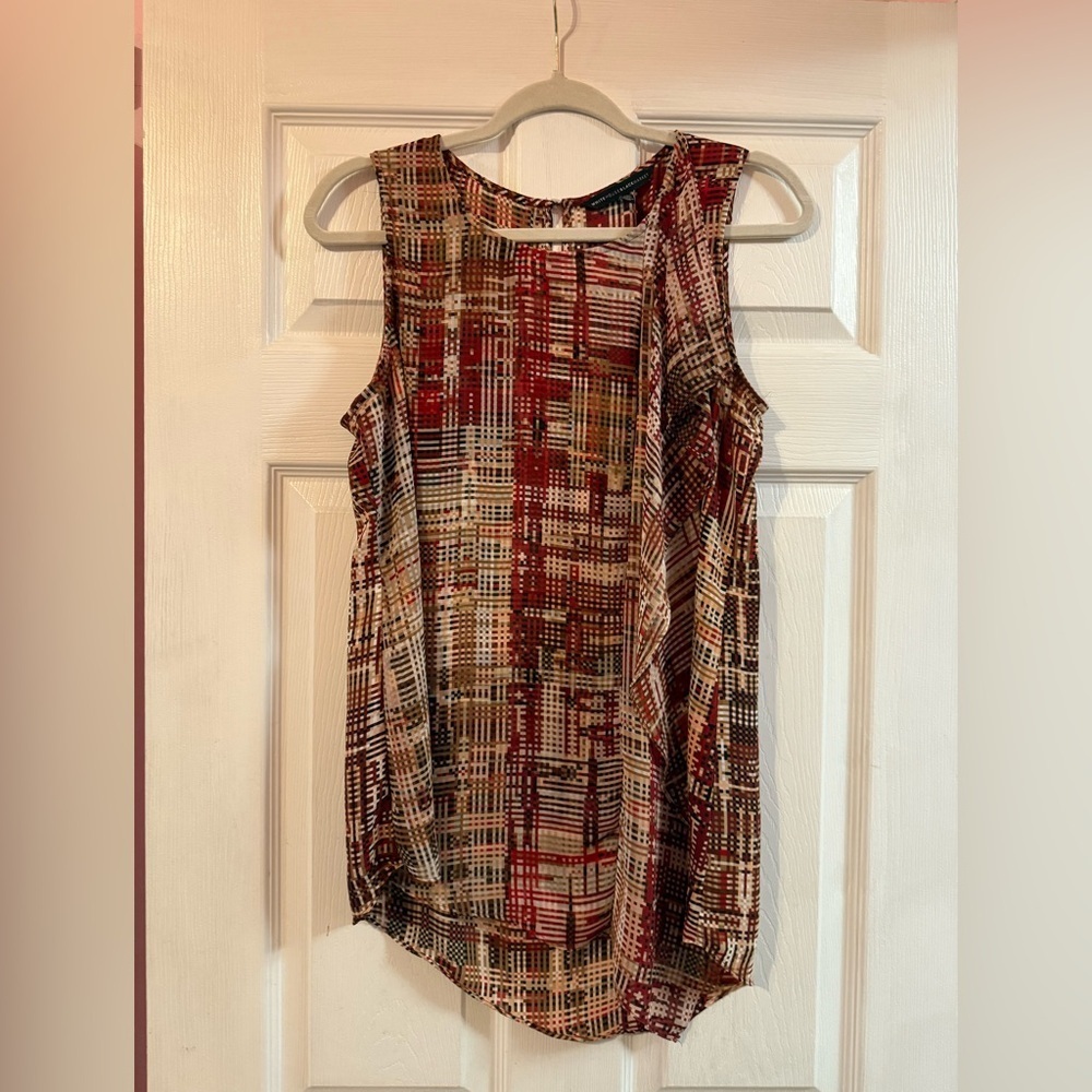 White House Black Market Red and Cream Geometric Top